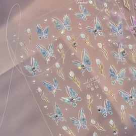 Butterfly Nail Stickers Blue Nail Art Decals with Rhinestone Design 5D Embossed Flower Self Adhesive Nail Art Stickers for Women Girls Kid Manicure DIY Charms Decoration