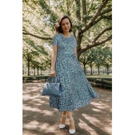 Sureple Casual Dresses for Women 2024 Trendy Summer Short Sleeve,Floral Fit and Flare Midi Wedding Guest Dress Nursing(SP209-Grey Blue Flo-M)