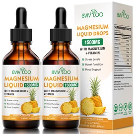 2 Pack Magnesium Glycinate Liquid, High Absorption Magnesium Liquid Drops with Cellulose Fiber, Bromelain, Vitamins B6 C D & Zinc, Magnesium Supplement for Adults & Kids, Pineapple Flavor
