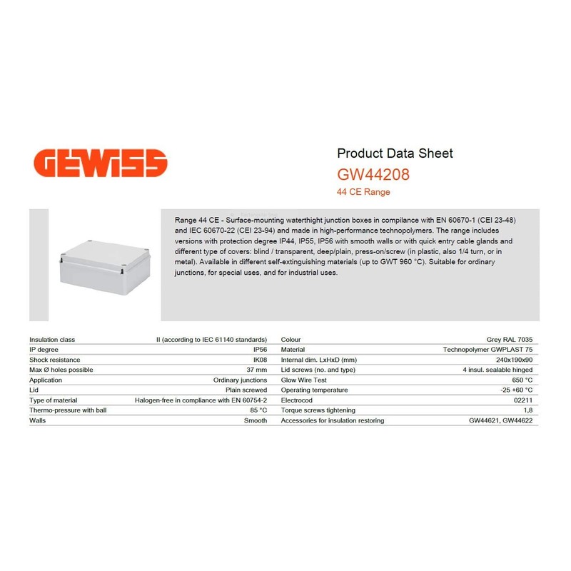 Gewiss Plastic Enclosure GW44208