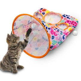 Andiker Cat Tunnel Bags for Indoor Cats, 13x17x12In Foldable Cat Crinkle Bag with 3 White Plush Balls and 1 Mouse 5 Holes for Kitten to Hide and Catch 3 Layers Cat Toy (Zoo)