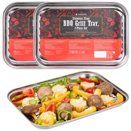Navaris Stainless Steel BBQ Grill Tray - 13.4"x9.4" (34cmx24cm) BBQ Grill Pan with Heavy-Duty Design & Perfect Heat Distribution - Easy to Use & Clean for Any Griller - 2-Piece Set