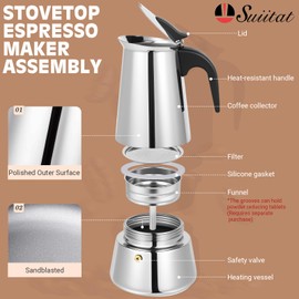 Suiitat Moka Pot, 9 Cups Stovetop Espresso Maker, 304 Stainless Steel Moka Pot, Italian and Cuban Coffee Maker, Suitable for Induction Cooktop, Silver
