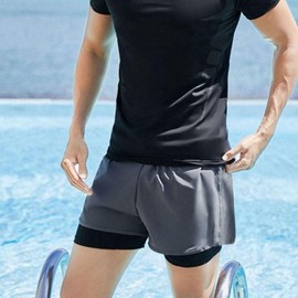 Men's Summer Water Park Athletic Set: Long Sleeve Top, Sports Shorts & Compression Leggings Gray 2XL