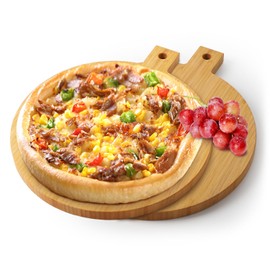 BAMOTTO Round Bamboo Cutting Board Set of 2 with Handle, Kitchen Pizza Bread and Snack Cookie Trays Charcuterie Board, Decorative Hanging Board, 100% Bamboo (13x11x0.63" 2-Pieces)