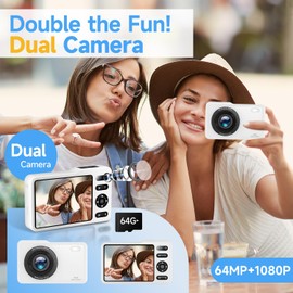 Digital Camera, FHD Dual Lens 64MP AutoFocus Digital Point and Shoot Small Camera with 64GB SD Card 16X Digital Zoom, 2 Batteries Battery for Kids Boys and Girls (White)