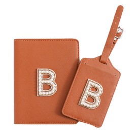 Initial Passport Holder and Luggage Tag Travel Set, PU Leather Luggage Tag Passport Cover, Christmas Gifts, Bridesmaid Gifts, Holiday Travel Gifts, Birthday Gifts (B, Brown Leather+Pearl Letter)