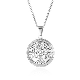 Cupimatch Photo Pendant Locket to Open: Pictures Photo Pendant with Tree of Life Flowers Round Chain Women's Amulet Necklace with 45 cm Chain Silver Gold, Stainless Steel