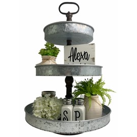 3 Tiered Serving Stand, Galvanized Tiered Tray with Handle Rustic Style Metal Tiered Serving Tray for Parties, Dessert, Cupcake Holder,Modern Farmhouse Décor and Display Stand Birthday Wedding