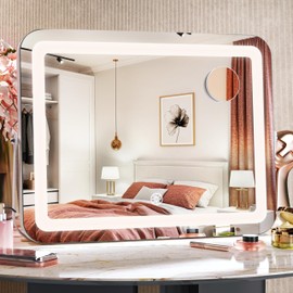 MINISO Vanity Mirror with Lights, 15" x 11" LED Makeup Mirror, Light & Brightness Adjustment, Smart Sensor, 360°Rotation, Aluminum Alloy Metal White Frame, with 5X Magnifying Glass