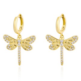 Gold Dragonfly Earrings for Women 14k Gold Plated Elegant Dangle Cubic Zirconia Dragonfly Huggie Hoop Earrings Drop Textured Dragonfly Statement Earrings Spring Summer Insect Jewelry Gift for Women