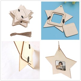 KIPETTO 10Pcs Christmas Picture Frame Ornaments Star Wood Photo Ornaments for Christmas Tree Stockings Decorations
