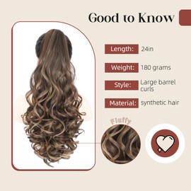 Finler Ponytail Extension, 24″ Claw Clip in Pony Tails Hair Extensions Curly Wavy Natural Looking Synthetic Hairpiece for Women - Chestnut Brown with Golden Highlights