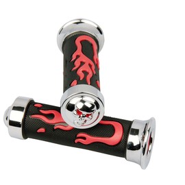MotorToGo 7/8" Red 3D Flame Rubber Handlebar Hand Grips with 3D Skull End Caps for Honda Grom 125