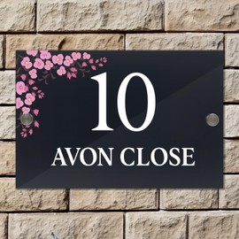 Badgemaster Floral Modern Anthracite House Number Sign Plaque Stainless Steel Standoffs 20cm x 13cm Pink Flower Top Left