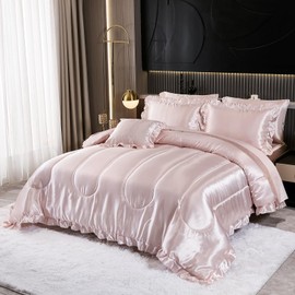 Luxury Silky Comforter Set with Sheet Set Full 8 Pieces Light Pink Bedding Set Silk Like Satin Ruffle Pattern Home Deocr Sexy Hotel Silky Bed Set with 1 Cushion Cover