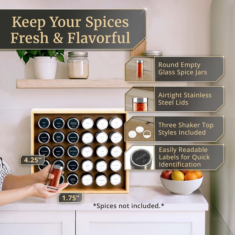 BOURBON & BARREL Wooden Spice Rack Organizer with Glass Jars