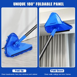 Dolanx Wall Mop Cleaner Long Handle 80 inches, 180° Folding Ceiling Washer Scrubber and Squeegee, Triangle Baseboard Cleaning Tool Duster with 6 Microfiber Chenille Pads for Painted Walls Window Floor