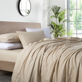 Royal Hotel Bedding Vintage Belgian Flax Linen and Cotton Blend Sheet Set, Hypoallergenic Pre-Washed Linen Cotton, Cool Breathable Percale Weave 150 GSM - 4pc Bed Sheet Set, Queen, Linen