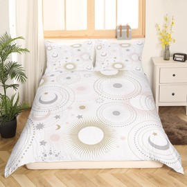 Stars and Moon Kids Duvet Cover Set Full Size,Pink Golden Grey Shiny Planets Comforter Cover with 2 Pillowcases,Romantic Galaxy Universe Bedding Set for Boys Girls Xmas Bedroom (No Comforter)