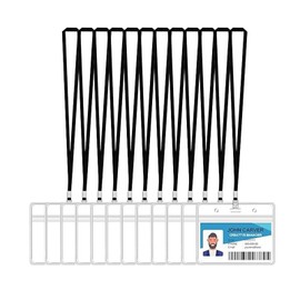 12-Pack Clear Plastic ID Badge Holders with Lanyard – Horizontal Name Card Holders, Reusable PVC Card Sleeves & Adjustable Neck Strap for Work, Events, Conferences (Black)