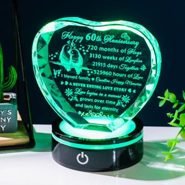 YWHL 60th Wedding Anniversary Crystal Heart Gifts for Parents Couple, Laser Engraved Romantic 60 Year Anniversary Crystal Keepsake Decorations Gifts for Wife Husband, 60 Years of Marriage Gifts