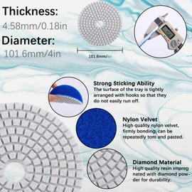 11PCS Wet/Dry Diamond Polishing Pads Kit for Granite Stone Concrete Marble Grinding Discs Set, 4 inch Polisher Wheel Disc for Polisher & Grinder, Mixed Grits 50, 100, 200, 500, 800, 1500, 3000, 6000
