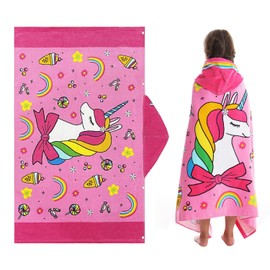 FLYISH DIRECT Kids Towels with Hood, Absorbent Thick Kids Bath Towel with Hood, 100% Cotton Beach towel kids, Girls Hooded Towels for Kids, Bowknot Unicorn