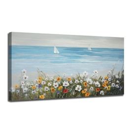 Ardemy Blue Coastal Wall Art Ocean Canvas Flowers Daisy Painting Landscape Sailboat Picture White Yellow Artwork Modern Seascape Large Framed for Bedroom Bathroom Living Room Home Office Decor 48"x24"
