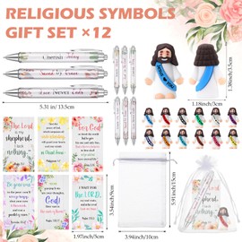 Cinnvoice 12 Set Little Jesus Figures and Bible Verse Pens Christian Bulk Gifts for Women Men Easter Gifts Prayer Cards Organza Bags Religious Party Favors Sunday School Easter Egg Stuffers