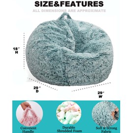 Fluffy Bean Bag Chair for Kids, 2.5FT Round Memory Foam Filled Bean Bag for Teens & Kids, Ultra Soft Faux Fur Fabric Bean Bag Chairs for Playroom, Living Room, Bedroom, Dark Green