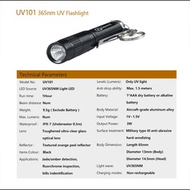 LIGHTFE Black Light 365nm UV Flashlight UV101D with High Power UV LED Source Keychain Light Powered by 1 AAA Battery for UV Glue Curing Light, Pet Urine Detector Light, AC Leak Detector…