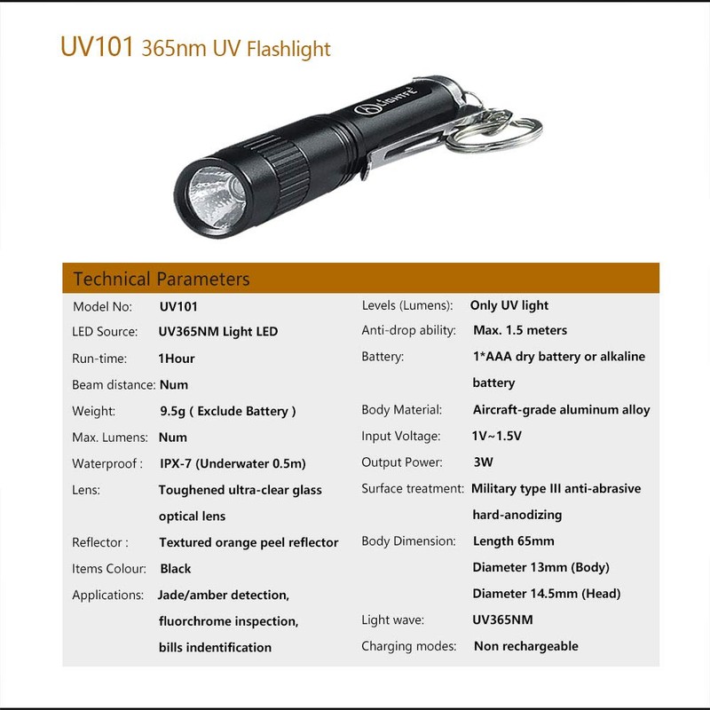 LIGHTFE Black Light 365nm UV Flashlight UV101D with High Power