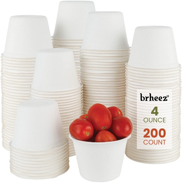 brheez 4 oz - Pack of 200 Disposable Bagasse Fiber Souffle Cups , 100% Natural Biodegradable & Compostable , Perfect for Condiments Small Portion & Samples Eco Friendly Paper Alternative - White