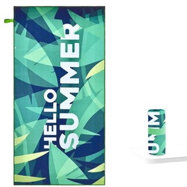 ILLUVA Microfiber Beach Towel, Compact Beach Towel Quick Dry, Green Sand Free Travel Beach Towels with Buckle to Used as Poncho & Hanging Strap for Easy Carry, 150cm x 70cm