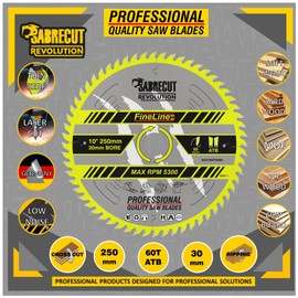 1 x SCCSW25060 SabreCut 250mm 60T x 30mm Bore Fineline Thin Kerf Wood Plywood MDF Chipboard Cross Cutting and Rip Cutting Circular Saw Blade