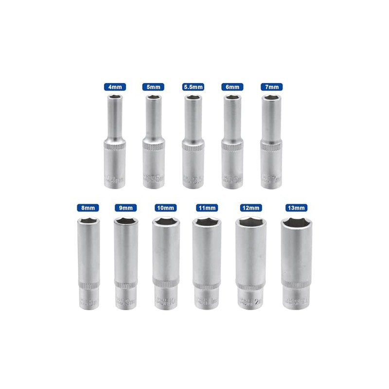 DAKCOS 11PCS Hex Long Socket Set,1/4" Drive Metric Deep Socket,