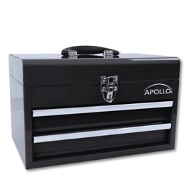 Apollo Tools 14 Inch Steel Tool Box with Deep Top Compartment and 2 Drawers in Heavy-Duty Steel With Ball Bearing Opening and Powder Coated Finish Black