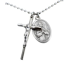 Saint John Vianney, Mens 1.5 Inch Crucifix, Patron Saint of Priests, Catholic Boys Cross, Mens Cross, 30" Stainless Steel Ball Chain, Ordination Gift