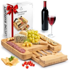 Zulay Kitchen Premium Bamboo Cheese Board Set - Extra Thick Bamboo Charcuterie Board Set with 4 Piece Knife Set - Wooden Cheese Board, Perfect for Charcuterie, Wine & Cheese - Charcuterie Gift Set