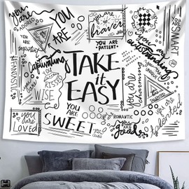 Fowocu Quote Take It Easy Tapestry Wall Hanging, Positive Letters Sayings White You Are Tapestries, Aesthetic Wall Tapestry for Bedroom Dorm Living Room (Black and White, 50'' × 60'')