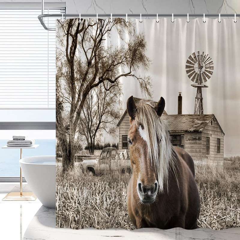 Horse Shower Curtain Rustic Farm Animal Bathroom Curtain Farmhouse Windmill
