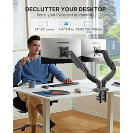 HUANUO Dual Monitor Stand - Full Adjustable Monitor Desk Mount Swivel Vesa Bracket with C Clamp, Grommet Mounting Base for 13 to 32 Inch Computer Screens - Each Arm Holds 4.4 to 19.8lbs -Grey