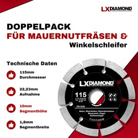 LXDIAMOND Diamond Cutting Disc 2 x 115 mm x 22.23 mm - for Angle Grinder Wall Chaser Slot Cutter - Diamond Disc for Separating Stone Concrete Brick Masonry - 115 mm Stone Disc in Professional Quality