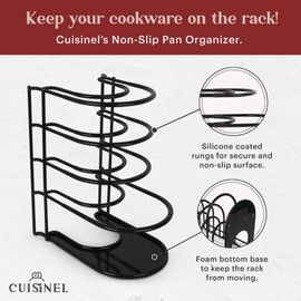 Pan Organizer - Silicone-Coated Non-Slip 12" Heavy Duty Skillet Rack - Kitchen Counter/Cabinet Organization Storage - Holder for Cookie Sheet, Cutting Board, Cast Iron Cookware, Dish, Pot, Lid Stand
