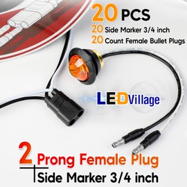 LEDVILLAGE 20 Pcs 3/4" Amber LED Marker Lights with DC Plug + 20 Double Female 2-Prong Harnesses – Clearance Indicator Lights for Truck, Trailer, RV, Pickup
