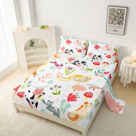 QOOMO Cow Farm Kids Sheet Set, Kawaii Cat Sheet Set Modern Decor, Botanical Pattern Deep Pocket Breathable Full Bed Sheet for Boys Girls, 1 Fitted Sheet, 1 Flat Sheet, 2 Pillow Cases