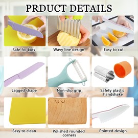 11 Pieces Wooden Kids Kitchen Knife, Pink Kids Knife Set Include Wood Kids Knife, Serrated Edges Plastic Toddler Knife, Crinkle Cutter, Sandwich Cutter, Y Peeler, Cutting Board