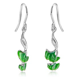MATERIA by Matthias Wagner Gingko SO-89 Sterling Silver Dangle Earrings with Green Enamel, enamel