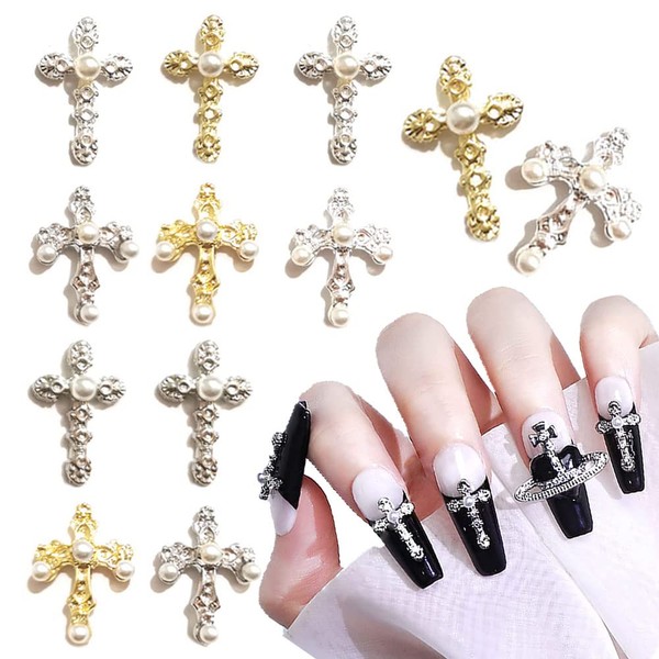 Pack of 12 Cross Nail Art 3D Metal Punk Nail Jewellery Cross Nail Art Charms Metal Nail Charms for Women Girls Nail Art Design